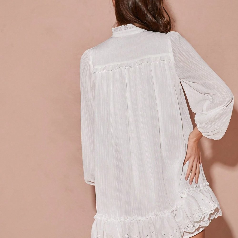 White Cute Women's Romantic Bow Ruffle Lantern Sleeve A-Line Mini Dress - Picture 7 of 7